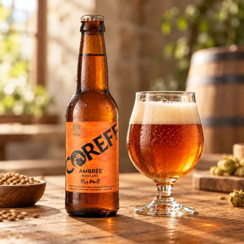 Bière ambrée Coreff et verre tulipe