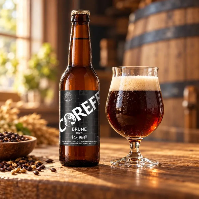 Bouteille de bière Coreff Brune Pur Malt à étiquette noire et capsule dorée