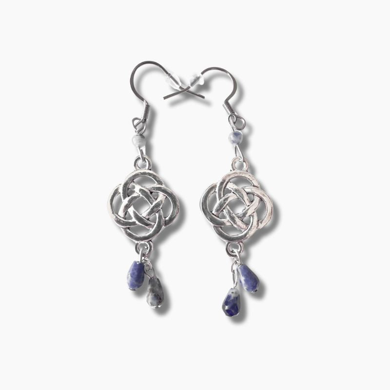 Boucles d'Oreilles Nœud Celte Argenté Howlite et Sodalite