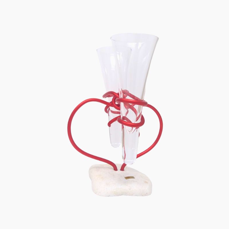 Duo Coeur Verre à Champagne Rouge Passion et Galet Blanc vue de côté