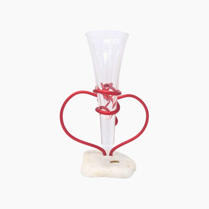 Duo Coeur Verre à Champagne Rouge Passion et Galet Blanc