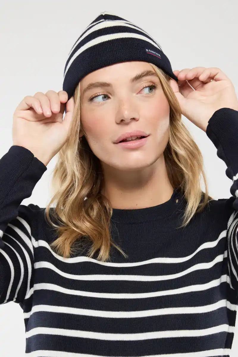 Bonnet Marin Rayé Blanc Et Bleu Marine – Style Breton, Laine Acrylique, Taille Standard