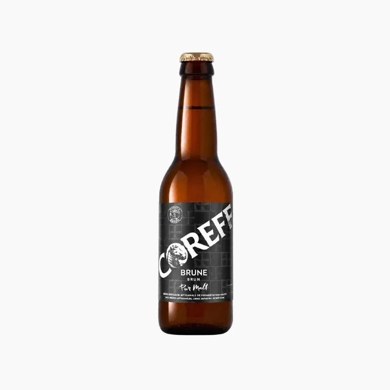 Bouteille de bière Coreff Brune Pur Malt à étiquette noire et capsule dorée