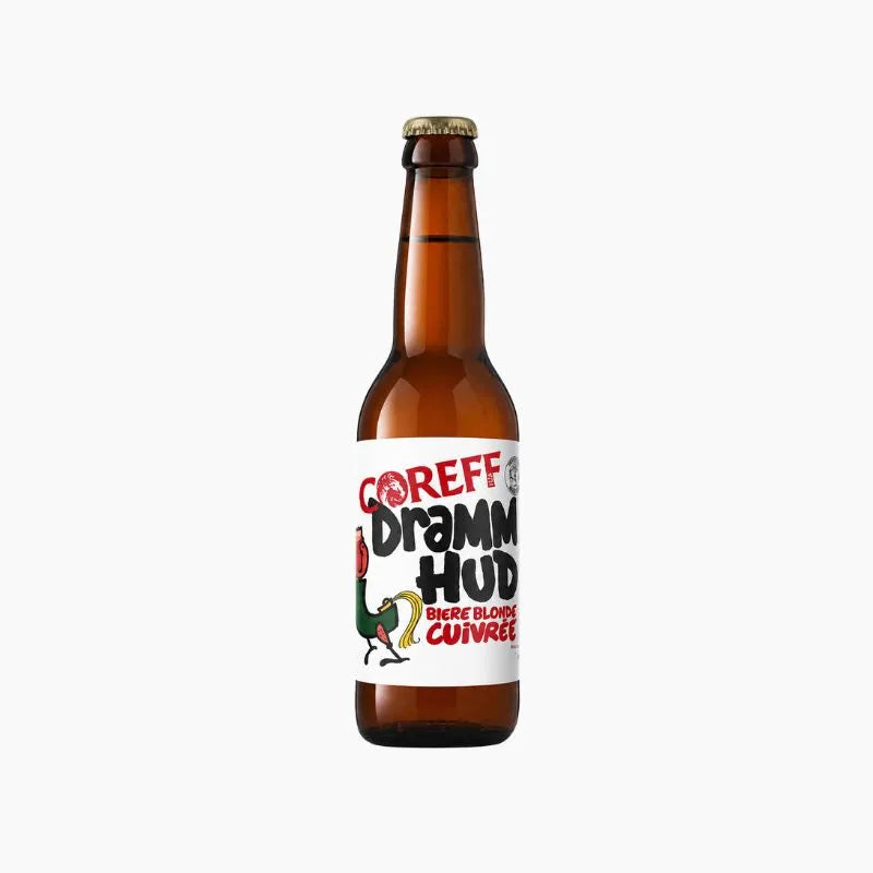 Bouteille de bière Coreff Dramm Hud blonde cuivrée, étiquette blanche illustrée et capsule dorée