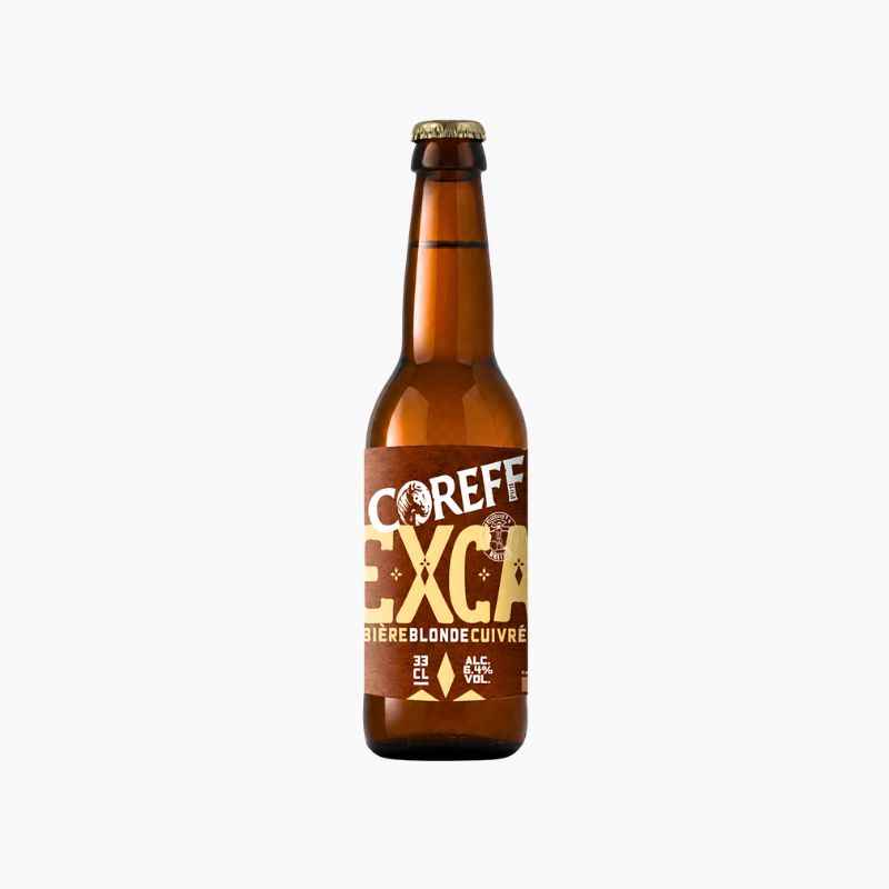 Bouteille de bière Coreff Exca blonde cuivrée 33 cl, étiquette brun cuivré et capsule dorée