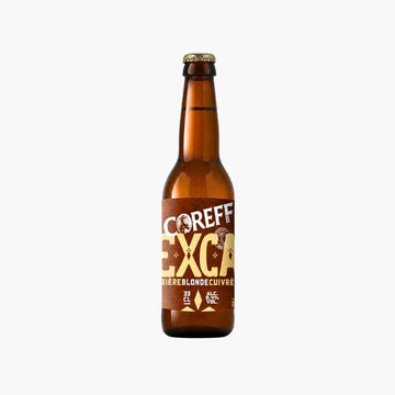 Bouteille de bière Coreff Exca blonde cuivrée 33 cl, étiquette brun cuivré et capsule dorée